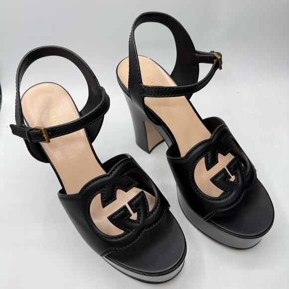 Gucci Interlocking G Platform High Heel Sandal Black Leather Cosmo Softy EU39 .5 - Picture 3 of 12